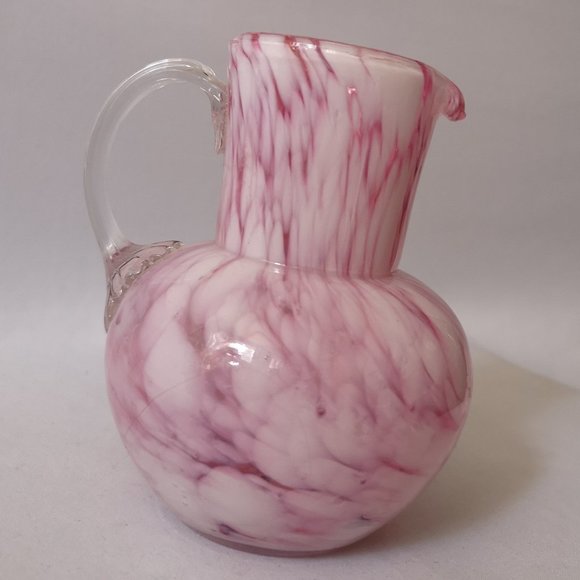 Gorgeous Hand-blown Art Glass Vase, Pink w White Applied Ribbed w Flower Handle - Picture 2 of 6